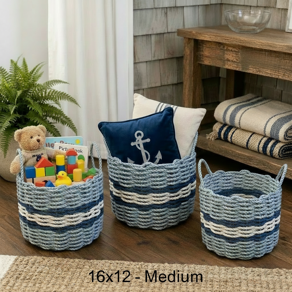 Handwoven Coastal Rope Basket - Light Gray, Tan & Navy