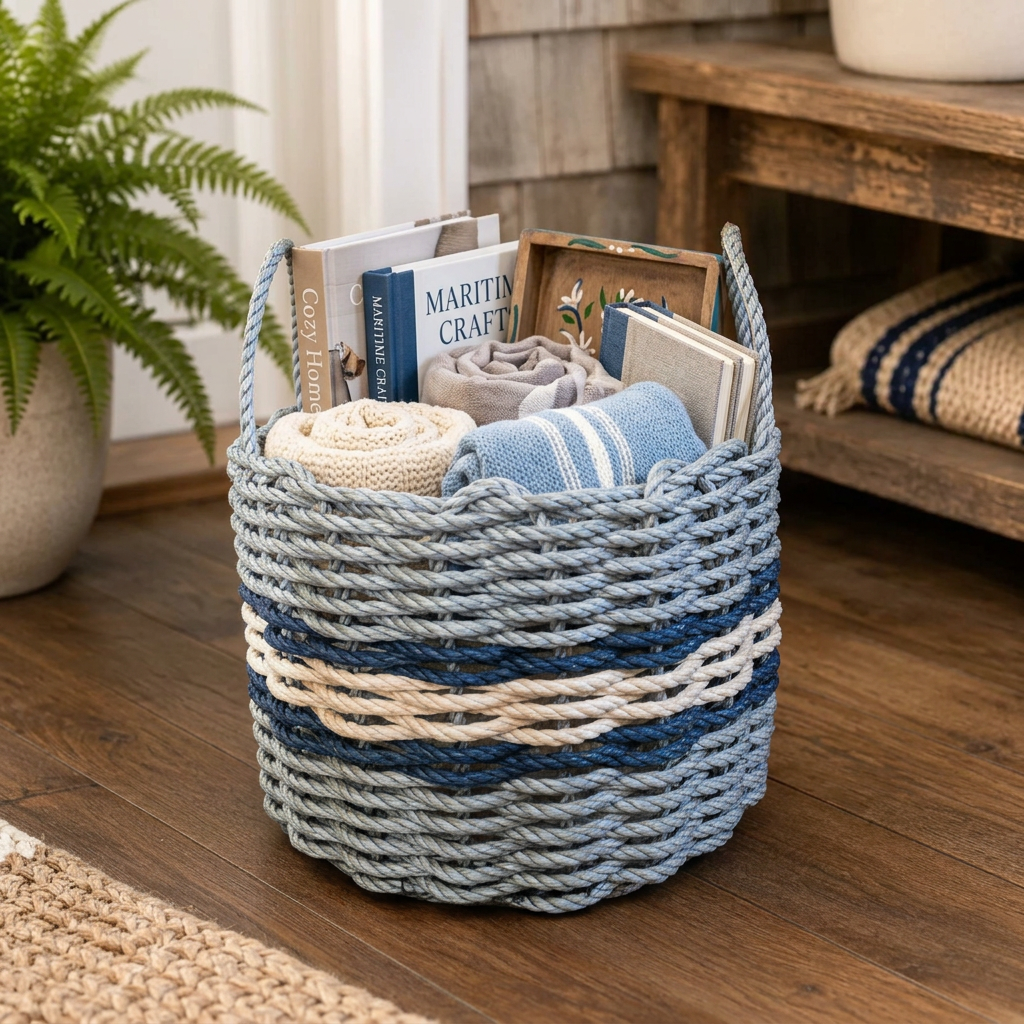 Handwoven Coastal Rope Basket - Light Gray, Tan & Navy