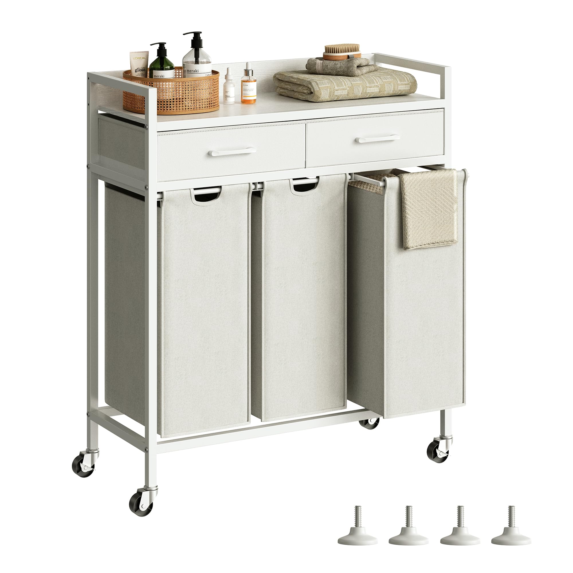 3-Section Rolling Laundry Hamper with Storage Shelf & Drawers