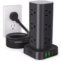 16-in-1 Power Strip Tower with USB-C & Surge Protection | 10-Foot Flat Extension Cord