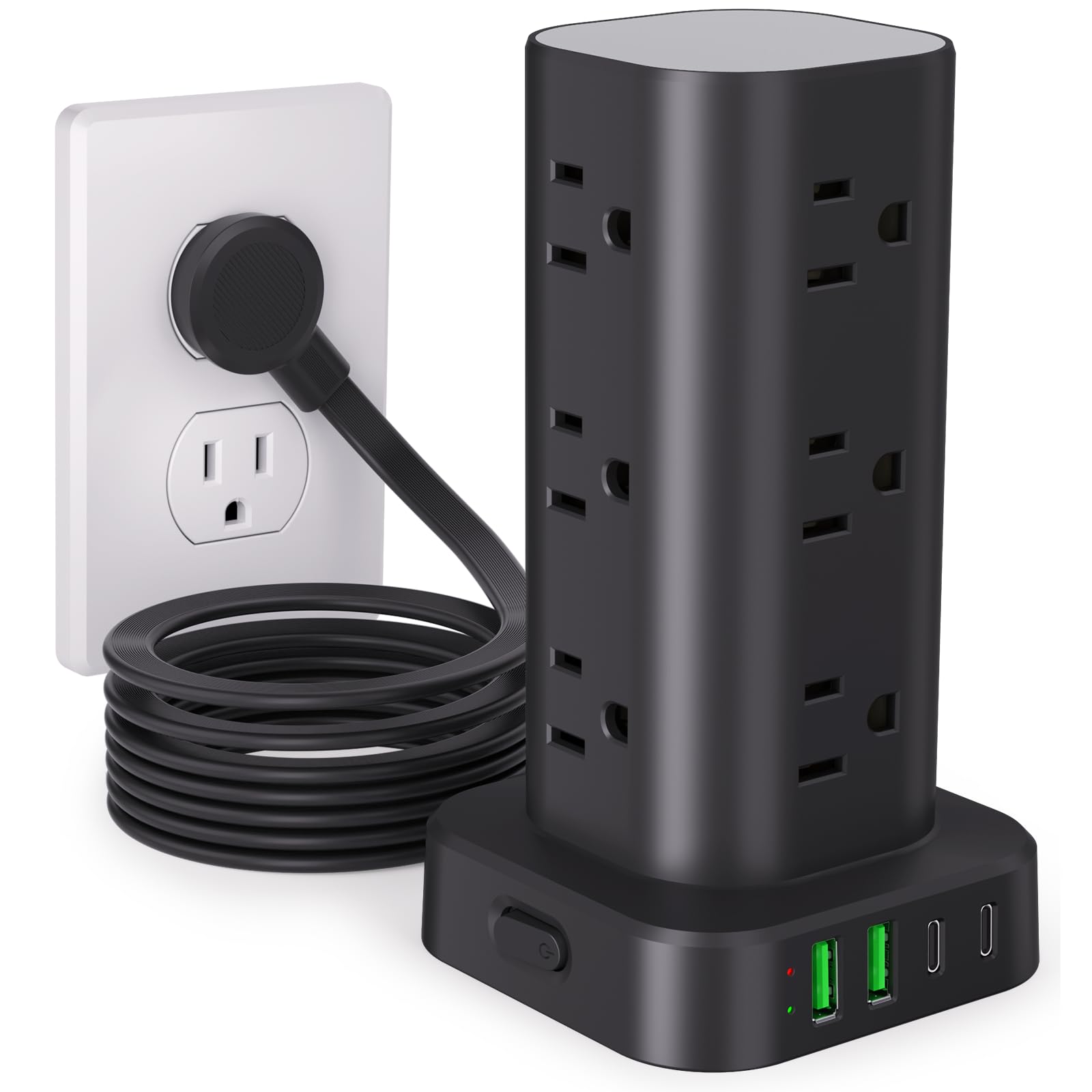 16-in-1 Power Strip Tower with USB-C & Surge Protection | 10-Foot Flat Extension Cord