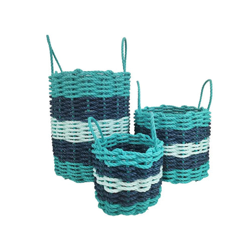 Coastal Five-Stripe Rope Storage Basket - Teal, Navy & Seafoam