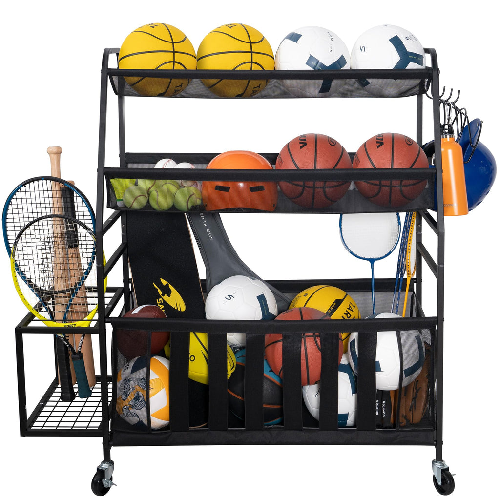 Sports Equipments Garage Organizer with Ball Storage & Rolling Wheels