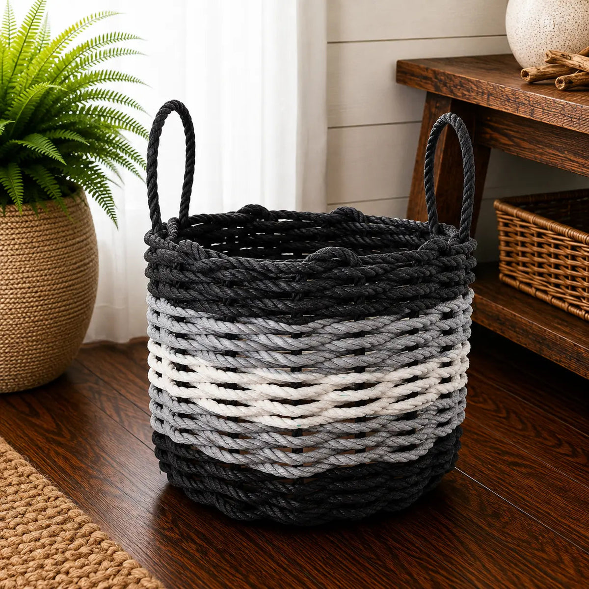 Handwoven Black, Gray & White Rope Basket