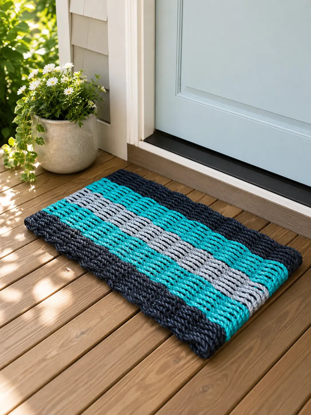 5-Stripe Lobster Rope Doormat in Black, Teal & Light Gray