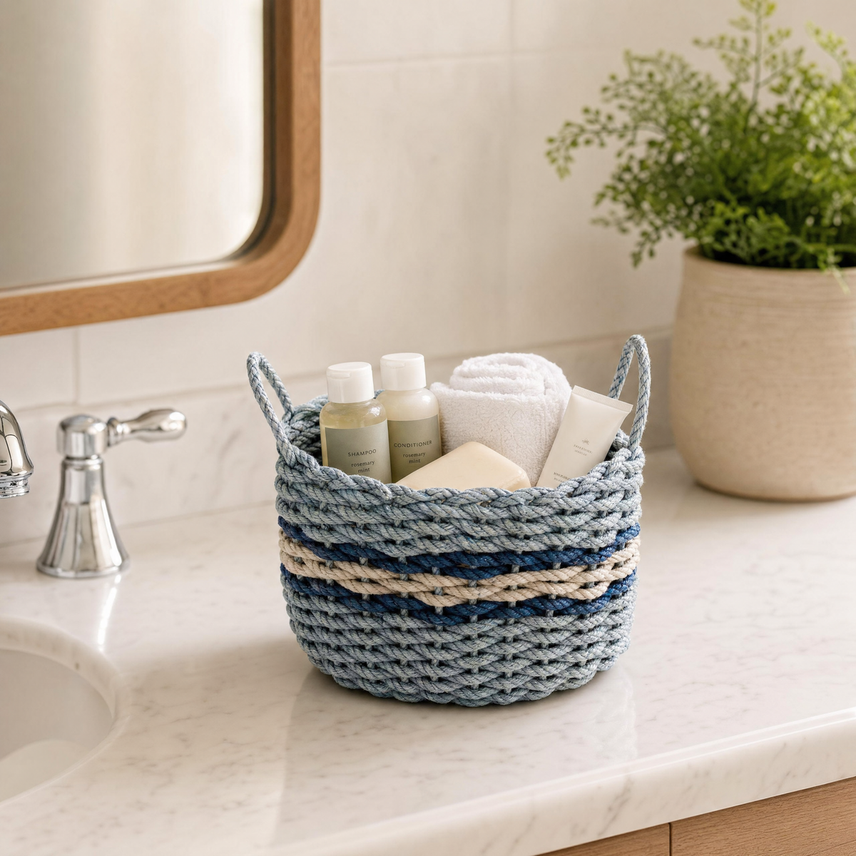 Handwoven Coastal Rope Basket - Light Gray, Tan & Navy