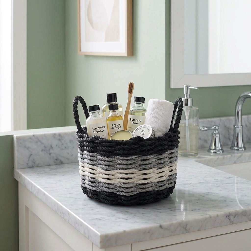 Handwoven Black, Gray & White Rope Basket