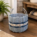 Handwoven Coastal Rope Basket - Light Gray, Tan & Navy