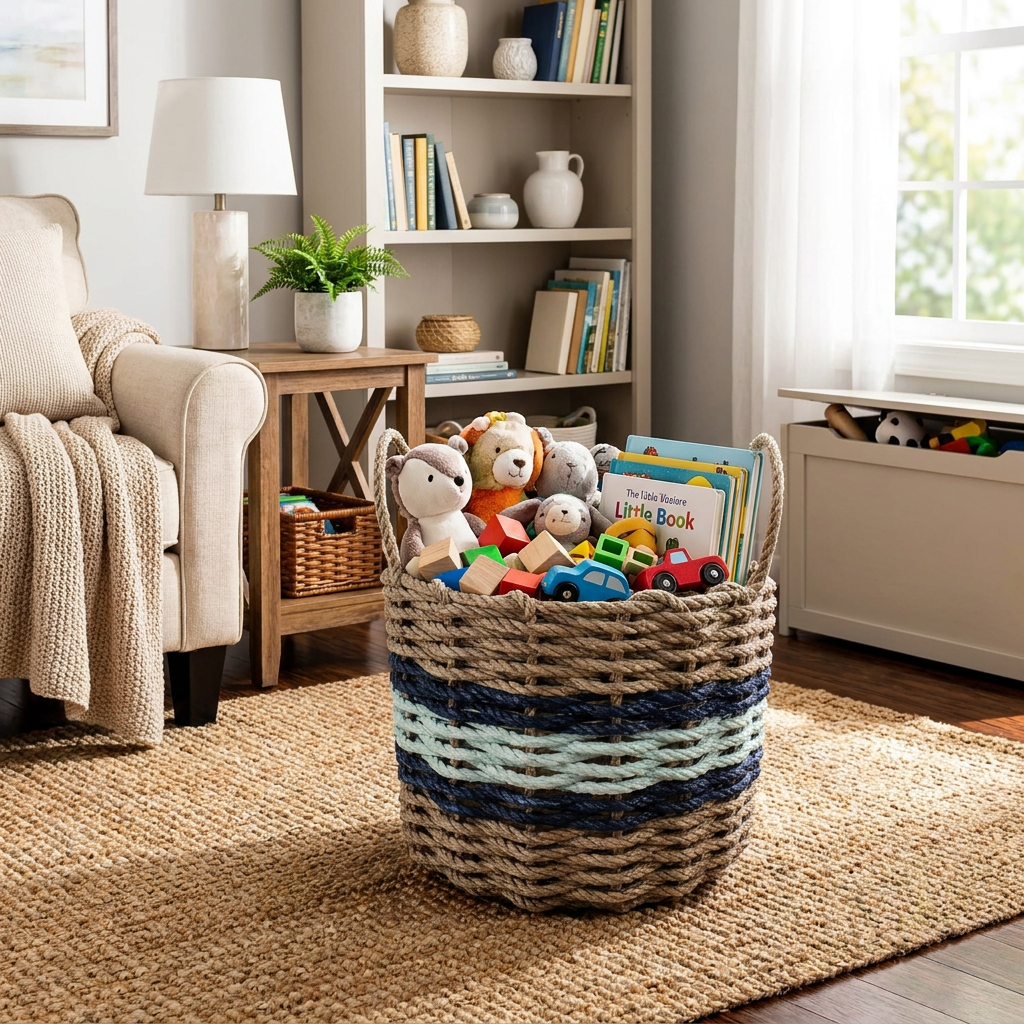 Tan, Seafoam & Navy Accent Rope Basket