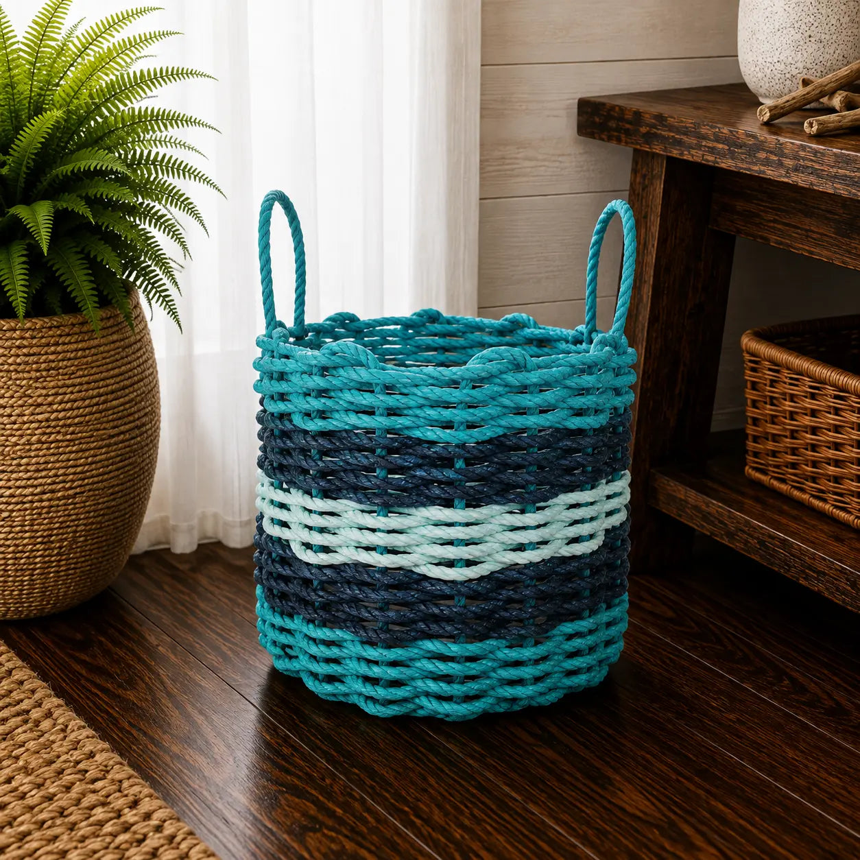 Coastal Five-Stripe Rope Storage Basket - Teal, Navy & Seafoam