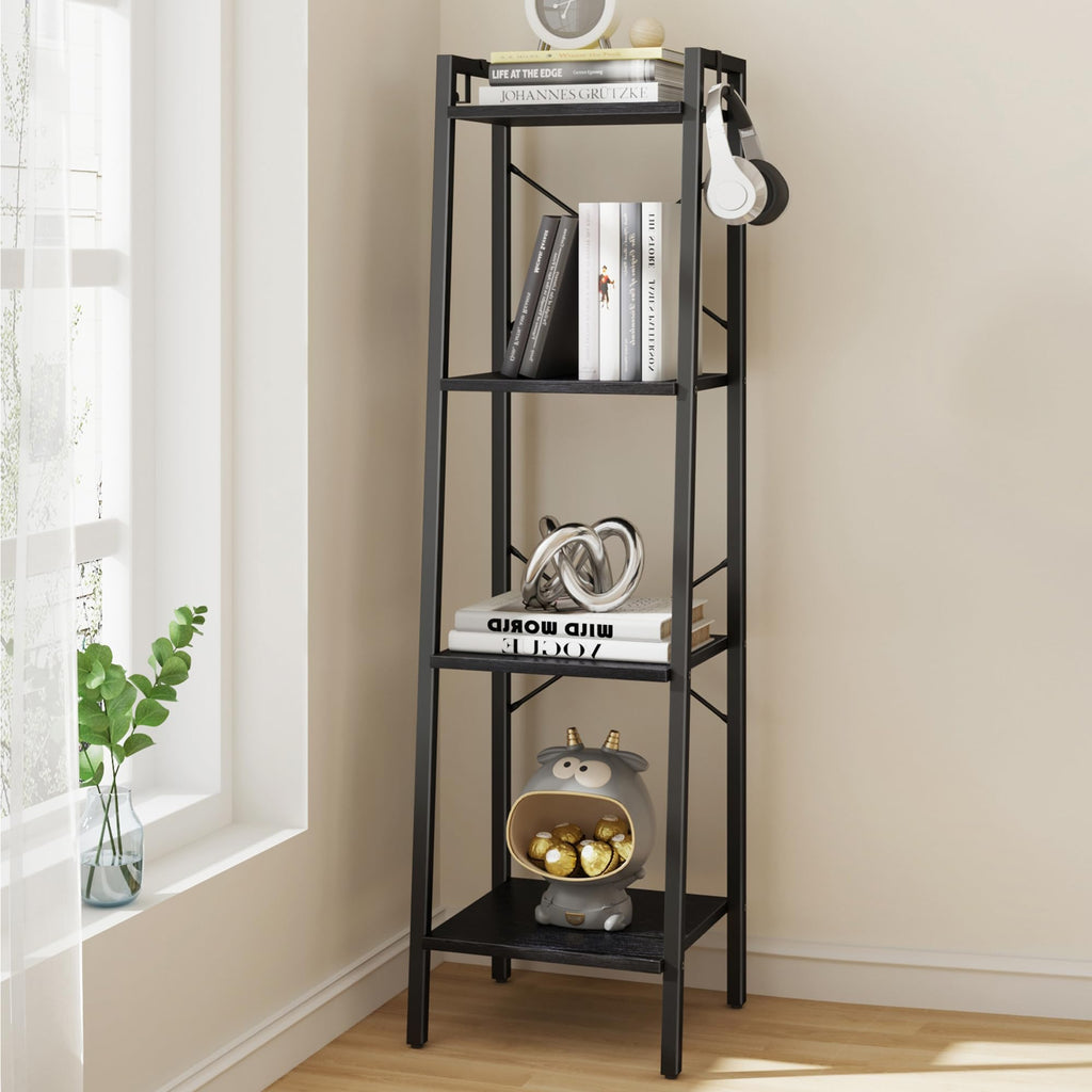 Industrial Ladder Shelf | Slim 4-Tier Storage Bookcase with Hooks