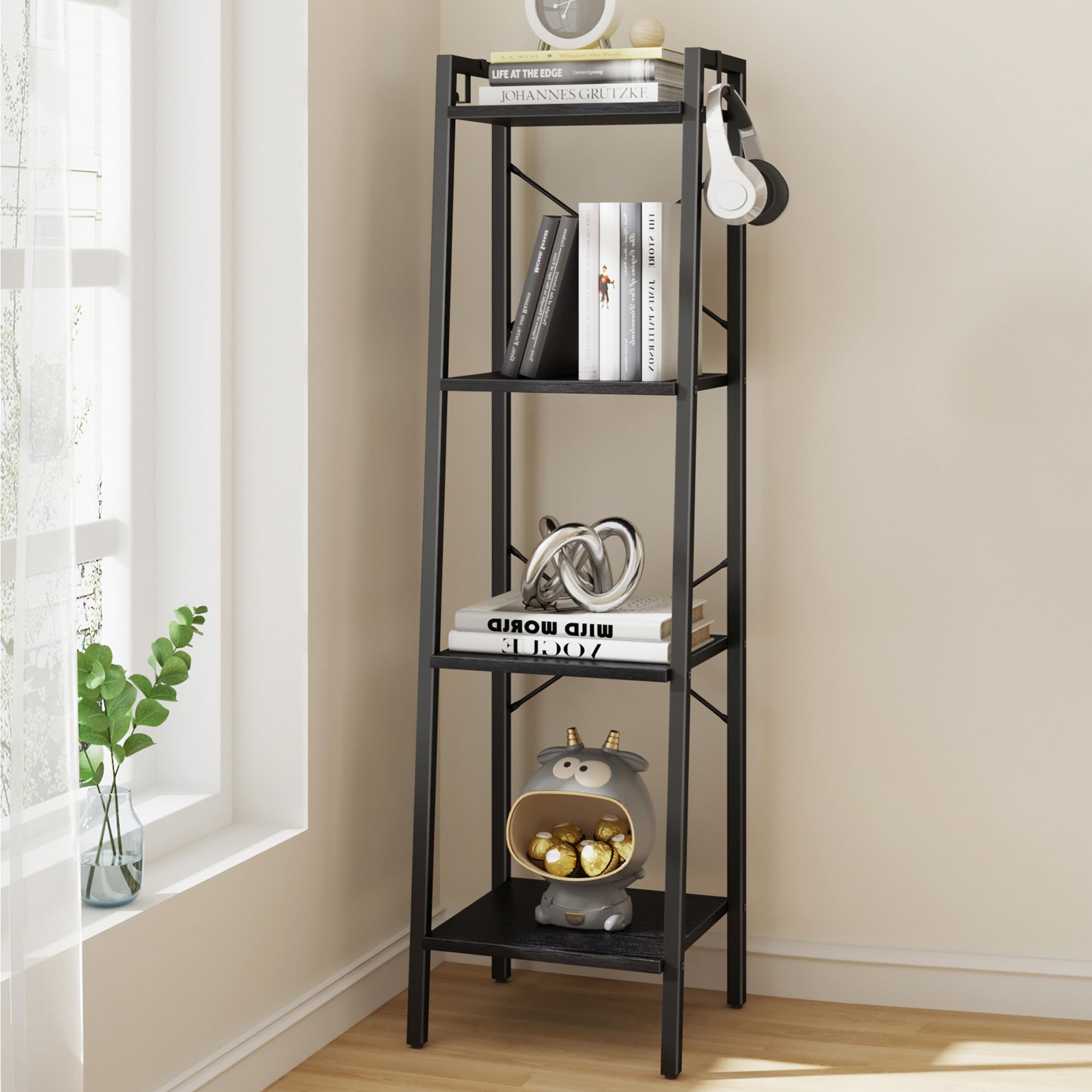 Industrial Ladder Shelf | Slim 4-Tier Storage Bookcase with Hooks