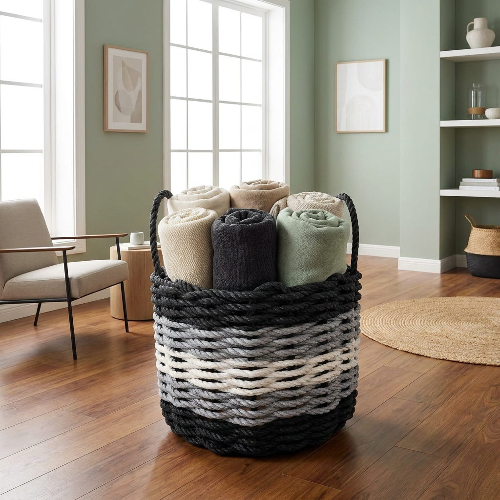 Handwoven Black, Gray & White Rope Basket