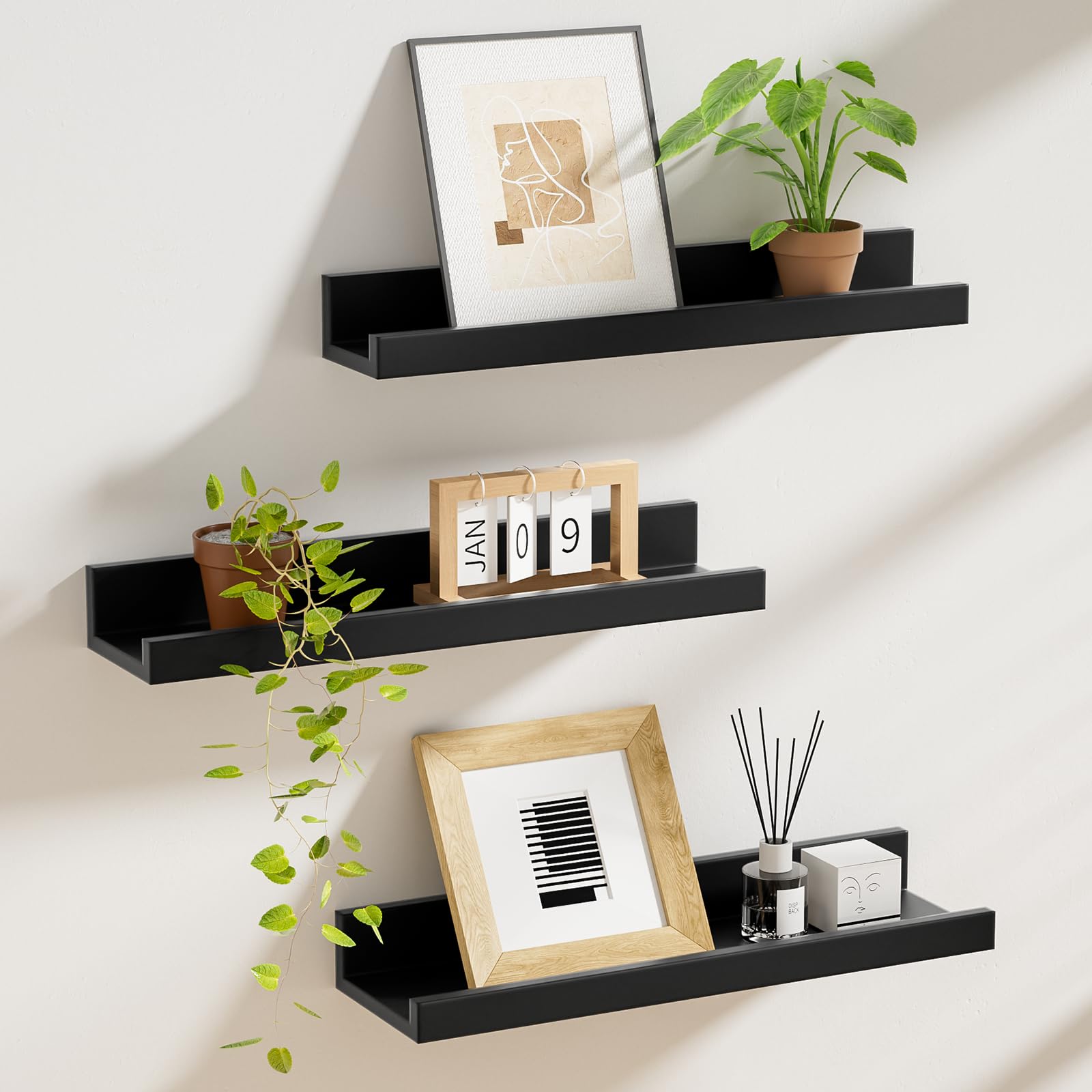 Modern Floating Wall Shelves - Set of 3 Picture Ledges