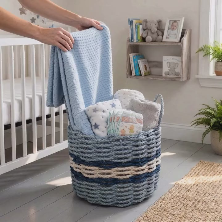 Handwoven Coastal Rope Basket - Light Gray, Tan & Navy